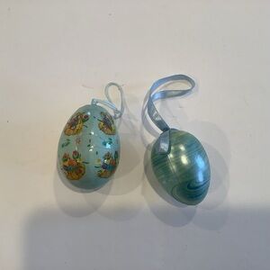 2 Blue Vintage Decorative Hanging Easter Eggs 1 Paper Mache Basket Print & Swirl